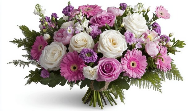 Beautiful arrangement of pink and white flowers including roses, gerberas and fillers on a white background showcasing nature's vibrant colors and delicate beauty