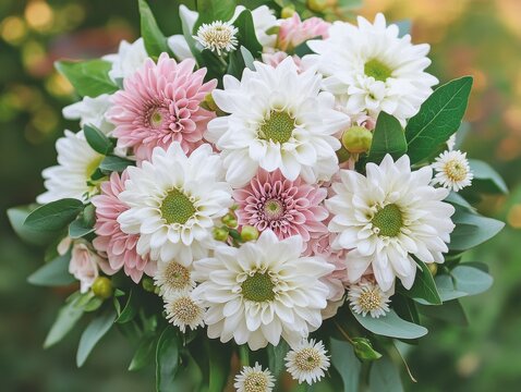 Beautiful Arrangement of Pink and White Flowers with Green Leaves in a Blurred Outdoor Garden Background