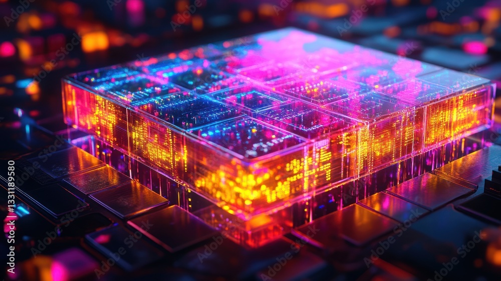 Poster futuristic glowing cube with intricate circuitry and vibrant neon colors, digital technology concept