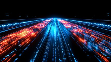 Futuristic digital highway with glowing binary code.