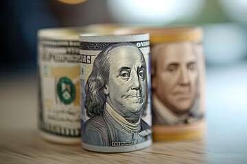 Economic uncertainty policy impacts. Close-up of rolled dollar bills on a wooden surface.