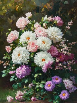 Beautiful arrangement of pink and white flowers with lush greenery, showcasing vibrant blooms in a vivid and artistic floral composition