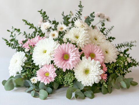 Beautiful Arrangement of Pink and White Gerbera Daisies Surrounded by Greenery for Floral Decoration and Event Styling