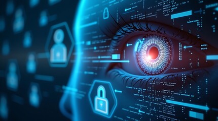 Artificial Intelligence Securing Digital Access – A visually striking image of an AI-driven security system with a robotic eye scanning biometric data.