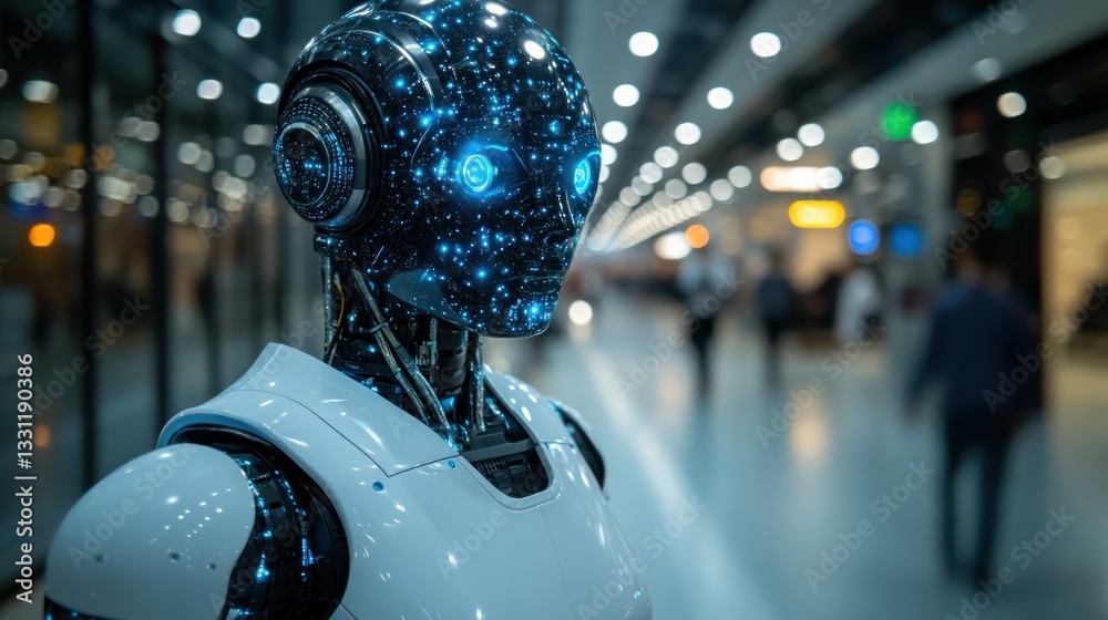 Aufkleber Futuristic humanoid robot with glowing blue circuits in a modern setting.