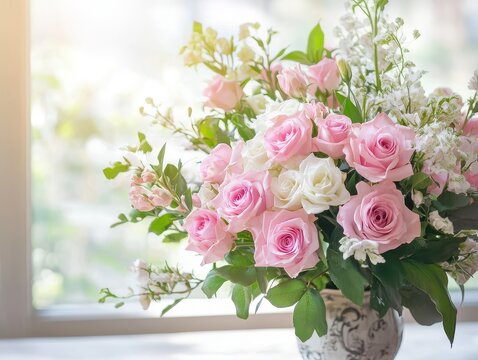 Beautiful arrangement of pink and white roses with delicate white flowers in a decorative vase placed near a sunlit window