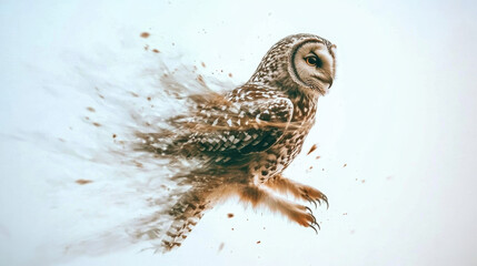 snow owl gracefully merges with swirling winds, creating dynamic and ethereal scene. motion captures essence of freedom and nature beauty
