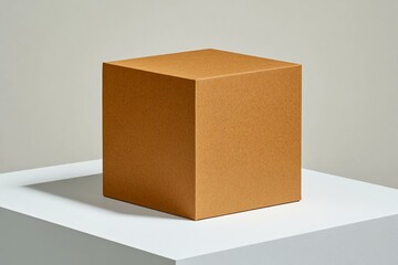 Simple Brown Box on Minimalist White Pedestal in Soft Lighting