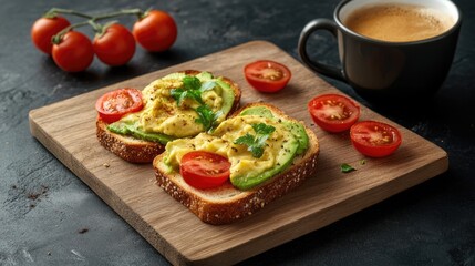 food photo of a vegetarian breakfast. bruschetta with avocado, herbs and tomato on a wooden board with a cup of coffee