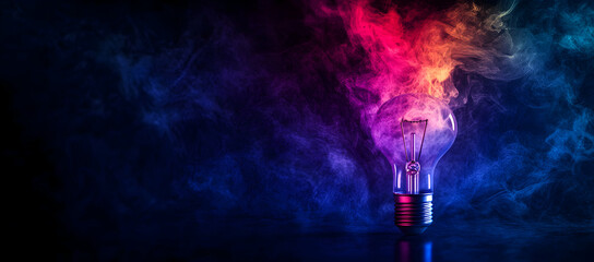 Creative, colorful light bulb with a colored smoke explosion on a dark background.