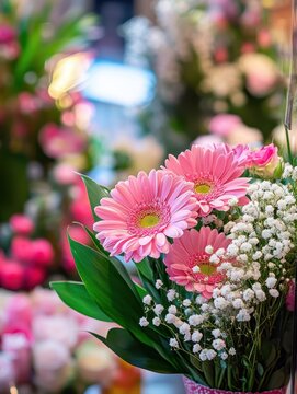 Beautiful arrangement of pink gerbera daisies with delicate white fillers in a vibrant floral shop setting filled with soft colors and romantic ambiance