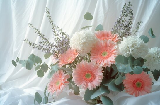 Beautiful Arrangement of Pink Gerbera Daisies, White Chrysanthemums, and Lavender Flowers with Eucalyptus on Soft Fabric Background