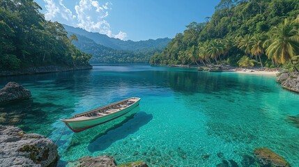 Stunning tropical lagoon with clear turquoise water and a boat anchored in the serene cove under the bright sun