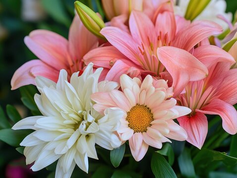 Beautiful Arrangement of Pink Lilies and White Flowers in a Lush Green Background Capturing Nature's Serenity and Charm