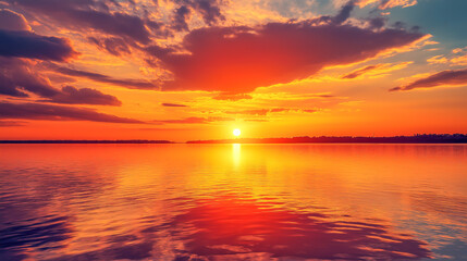 Beautiful sunset over tranquil lake reflecting vibrant colors in the sky