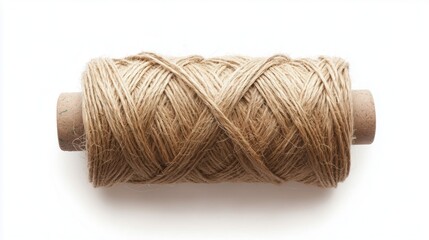 Jute string on a spool. A roll of jute string on a white background. Beige twine thread for craft work or gift wrapping. A roller