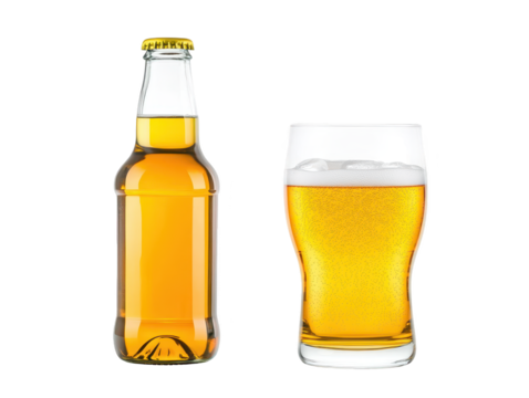 Golden beer in glass next to bottle, a refreshing beverage experience refreshing