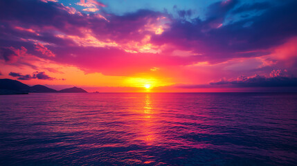 Vibrant sunset over tranquil waters with dramatic clouds reflecting warm colors in the sky