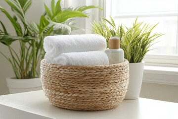Towels and bottle in a woven basket with indoor plants by window