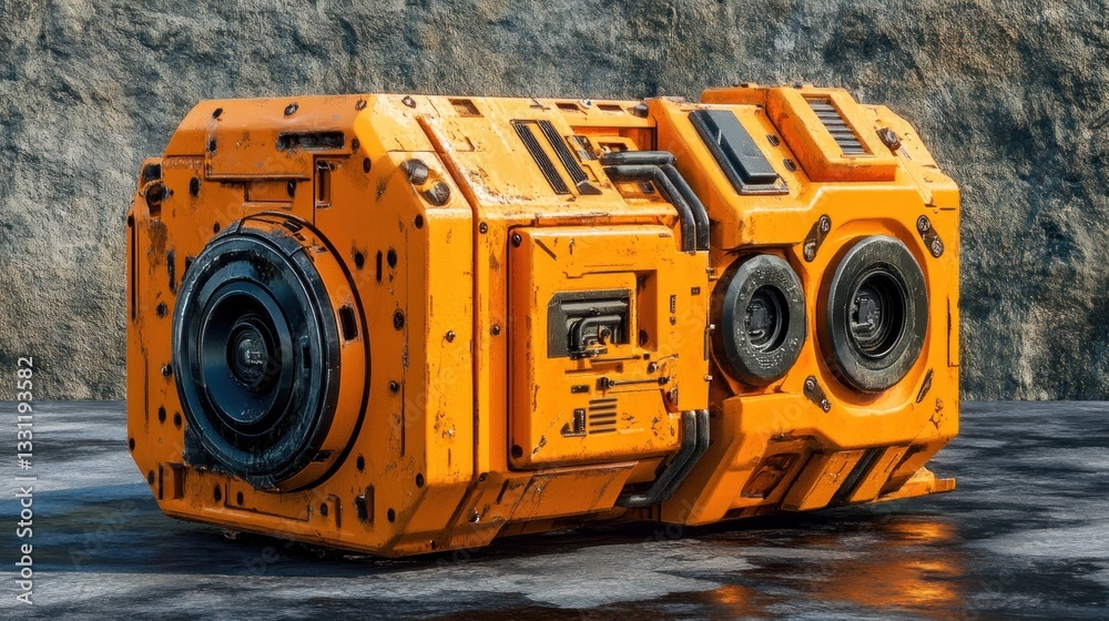 Aufkleber futuristic orange robotic device with weathered texture, rests on dark surface against rock backgrou