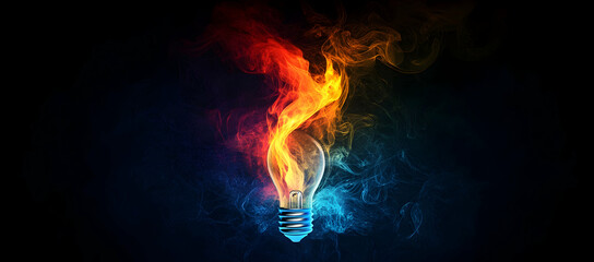Creative, colorful light bulb with a colored smoke explosion on a dark background.