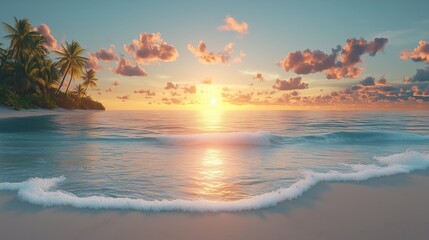 Vibrant sunset over tranquil beach with gentle waves and palm trees in the distance