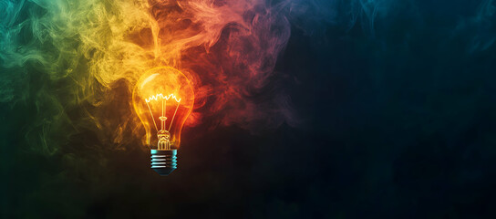 Creative, colorful light bulb with a colored smoke explosion on a dark background.