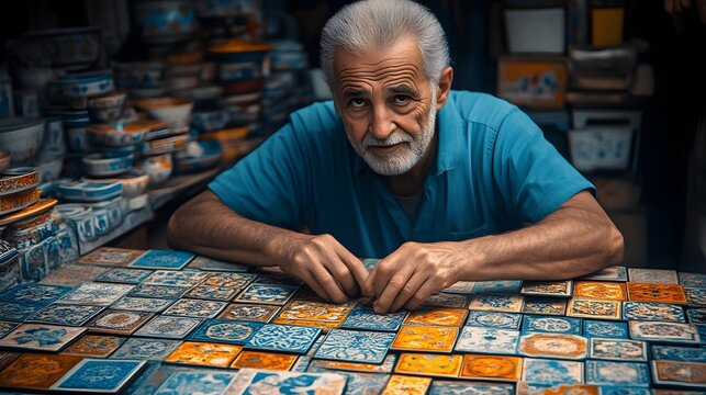 Elderly artisan displays handcrafted tiles in workshop