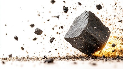 Flying coal piece. Dust and debris surround the airborne object