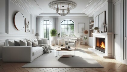 Fototapeta premium A modern living room with white furniture and a fireplace, providing a serene and inviting environment