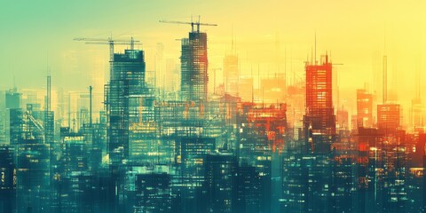 Fototapeta premium Abstract cityscape with high rise buildings under construction sites