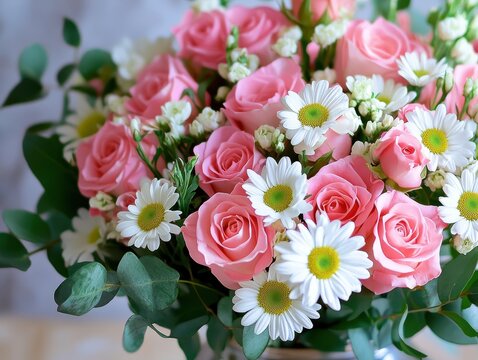 Beautiful arrangement of pink roses and white daisies in a bright floral bouquet with greenery on a light background for decoration or gifting purposes