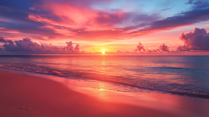Captivating sunset over tranquil ocean with vibrant colors and soft waves on sandy