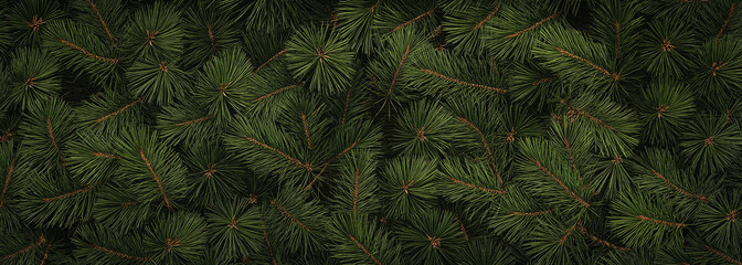 Green pine tree branches seamless pattern background. Top view, flat lay.