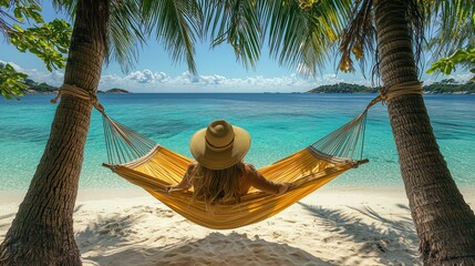 Relaxing on a hammock by the beach under the palm trees with a stunning ocean view