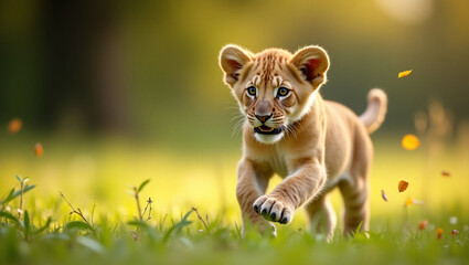 Fototapeta premium Adorable Lion Cub Exploring a Sunlit Meadow. Wildlife Delight.