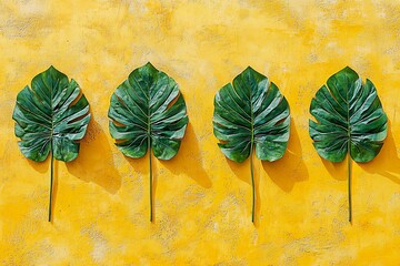 Vibrant Green Tropical Leaves Against Bold Yellow Wall Background