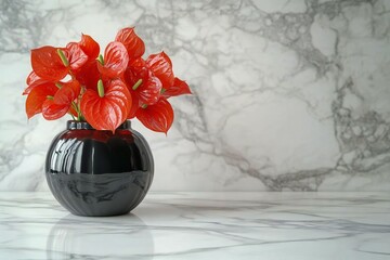 Vibrant Red Flowers in Elegant Black Vase on Marble Surface
