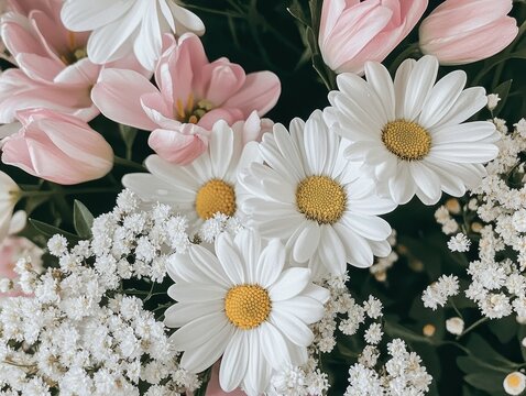 Beautiful arrangement of pink tulips, white daisies, and delicate blooms in a lush floral setting showcasing nature's vibrant colors and elegance
