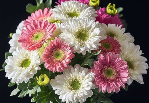 Beautiful Arrangement of Pink, White, and Yellow Gerbera Daisies in a Black Background Displaying Vibrant Colors and Freshness for Floral D&eacute;cor