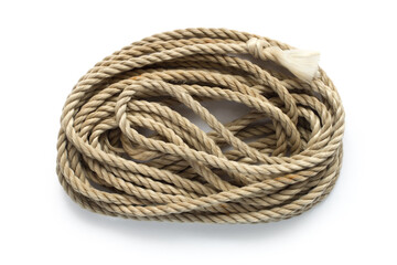A skein of old natural rope on a white background. Rope isolated on a white background.