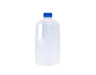 Empty white plastic milk gallon container 2000 ml capacity with handle and blue lid isolated on transparent background, png file