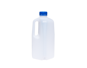 Empty white plastic milk gallon container 2000 ml capacity with handle and blue lid isolated on transparent background, png file