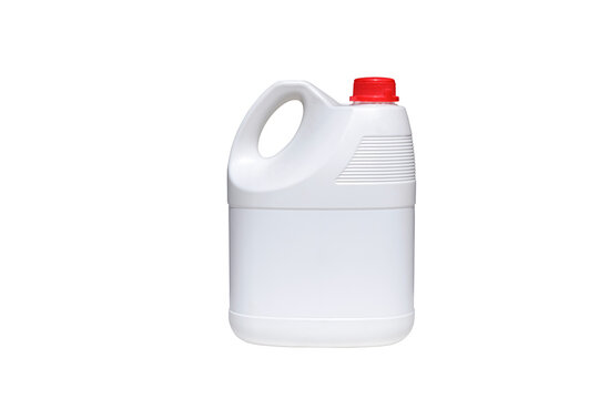 White plastic chemical solution gallon container with red lid isolated on transparent background, png file