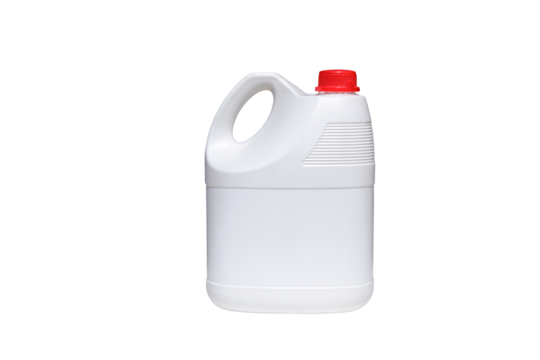 White plastic chemical solution gallon container with red lid isolated on transparent background, png file