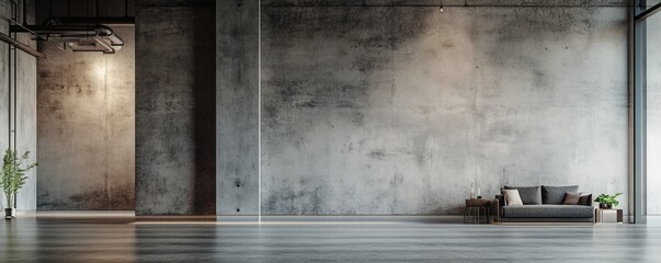 Modern industrial room with concrete walls and minimal furniture design
