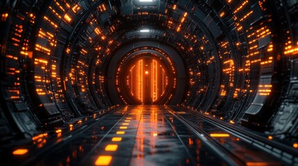 Obraz premium Futuristic spaceship corridor with glowing orange lights and a closed door at the end.
