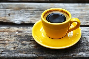 Warm Coffee in Yellow Cup on Rustic Wooden Table Background