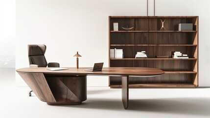 A contemporary workspace with a spacious wooden desk, ergonomic chair, and an organized shelving unit, set against a white backdrop.