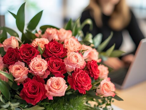 Beautiful Arrangement of Red and Pink Roses with Green Leaves on a Table in a Soft-Focused Office Environment